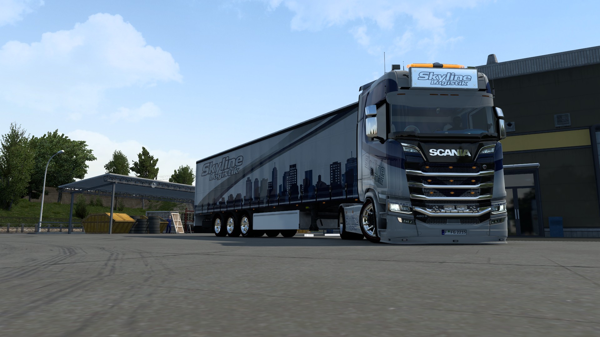 Skyline Logistik Scania Sattelzug frontal auf dem Betriebshof
